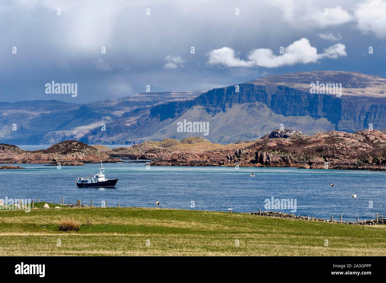 United Kingdom, Scotland, Highland, Inner Hebrides,the Ross of Mull in the extreme southwest of the Isle of Mull seen from the Iona Stock Photo