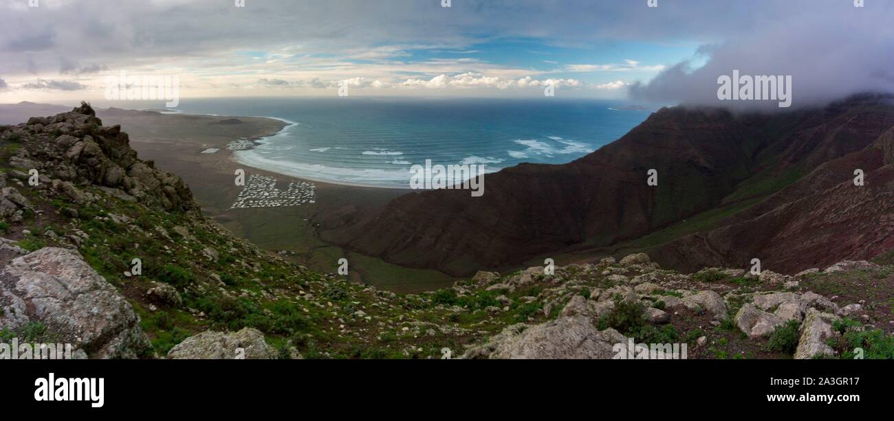 Spain, Canary Islands, Lanzarote Island, Biosphere Reserve, Famara panorama Stock Photo