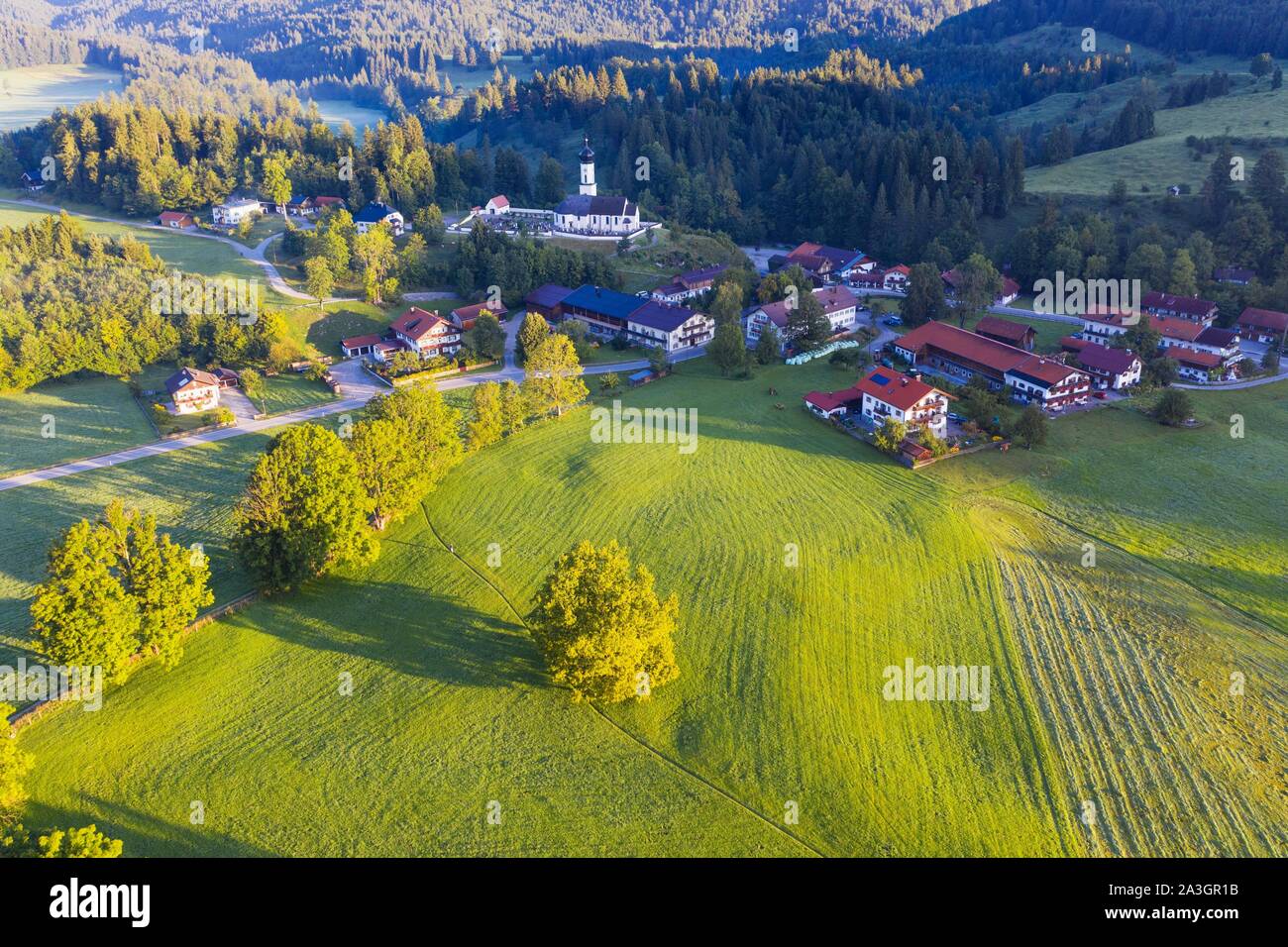 Village Jachenau, Isarwinkel, aerial view, Upper Bavaria, Bavaria, Germany Stock Photo