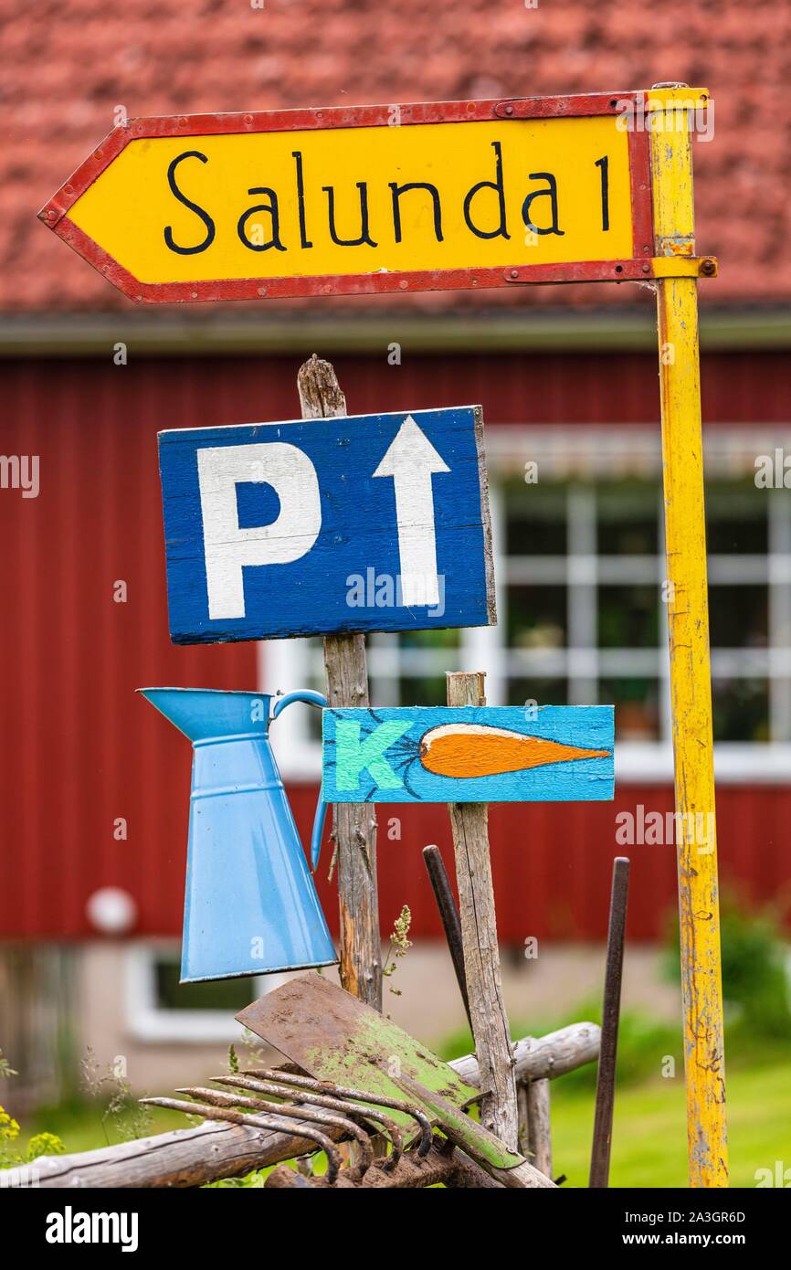 Sweden, County of Vastra Gotaland, Hokerum, Ulricehamn hamlet, road sign at the entrance Stock Photo