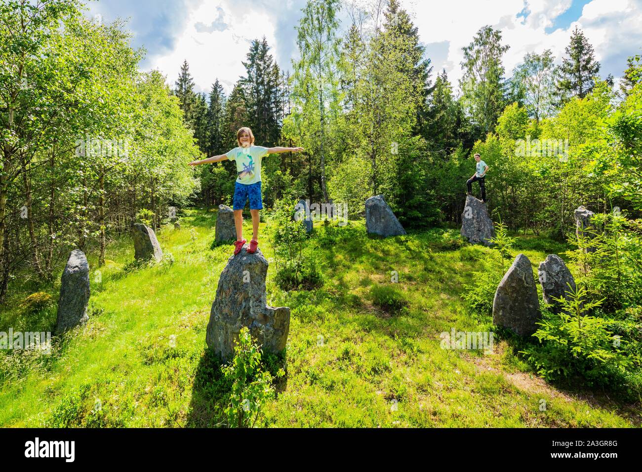 Sweden, County of Vastra Gotaland, Hokerum, Ulricehamn hamlet, Rochat family report, the Vaby stone circle, menhirs on a small hill near the house with a panoramic view in the past, the stone circles were ancient courts, with an old cemetery dating from 0 to 550 BC Stock Photo