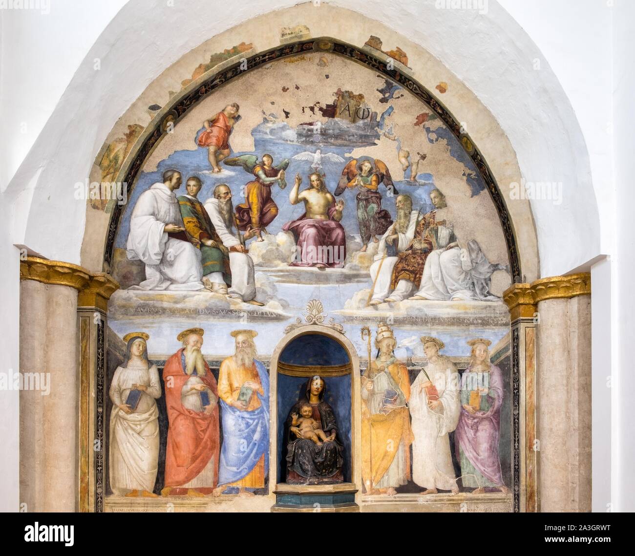 Chapel, above Trinity with Holy Fresco by Raffaello Santi called Raphael, 1505, below Saints Scholastica, Hieronymus, John the Evangelist, Bruno Stock Photo