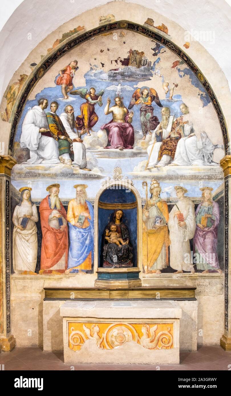Chapel, fresco, above Trinity with Saints by Raffaello Santi called Raphael, 1505, below Saints Scholastica, Hieronymus, John the Evangelist, Bruno Stock Photo