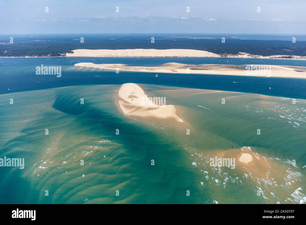 France, Gironde, La Teste de Buch, Arguin sandbank and the Pilat Great Dune (aerial view) Stock Photo