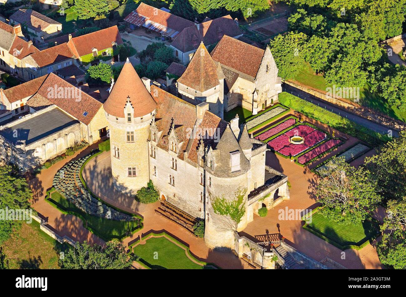 France, Dordogne, Perigord Noir, Dordogne Valley, Castelnaud la Chapelle, Chateau des Milandes, the French american dancer Josephine Baker's former property (aerial view) Stock Photo
