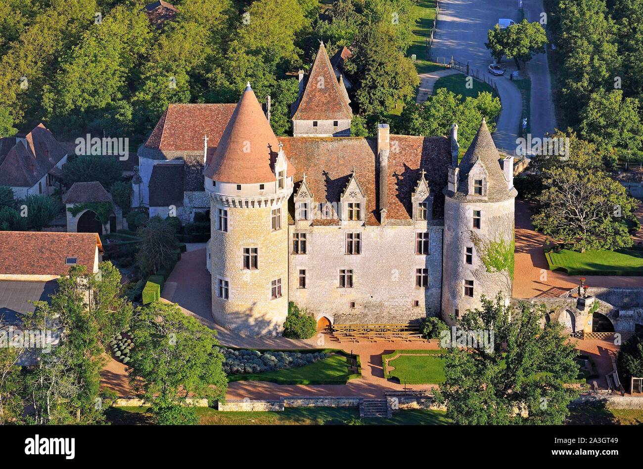 France, Dordogne, Perigord Noir, Dordogne Valley, Castelnaud la Chapelle, Chateau des Milandes, the French american dancer Josephine Baker's former property (aerial view) Stock Photo