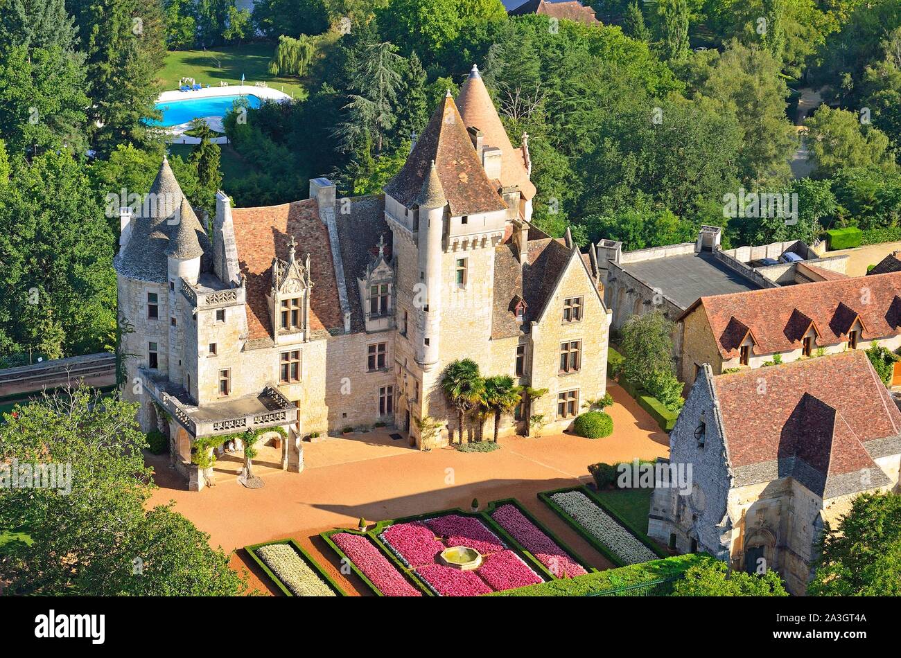 France, Dordogne, Perigord Noir, Dordogne Valley, Castelnaud la Chapelle, Chateau des Milandes, the French american dancer Josephine Baker's former property (aerial view) Stock Photo