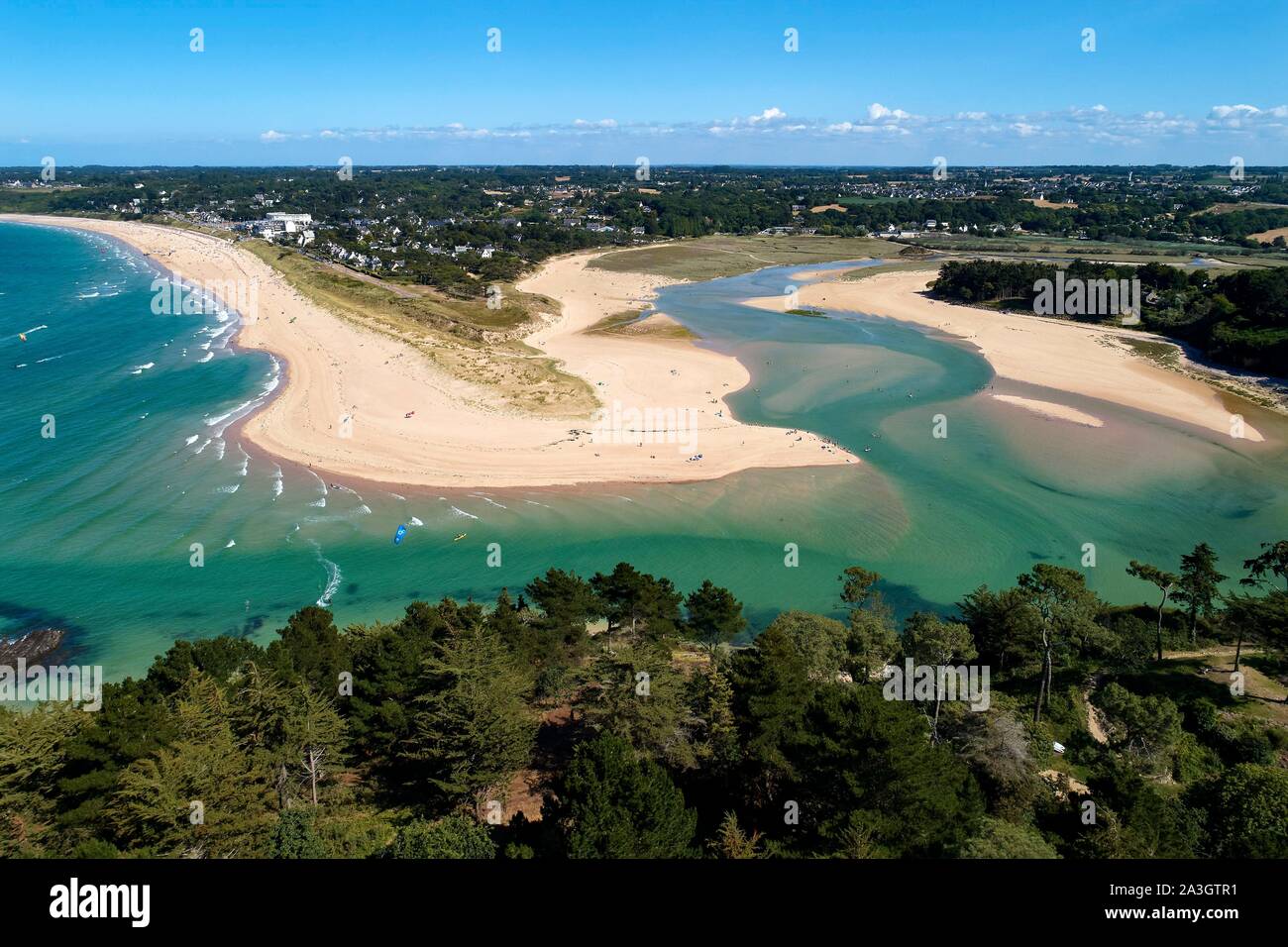France, Cotes d'Armor, Cote de Penthi?vre, Plurien, Sables d'Or les Pins Beach (aerial view) Stock Photo