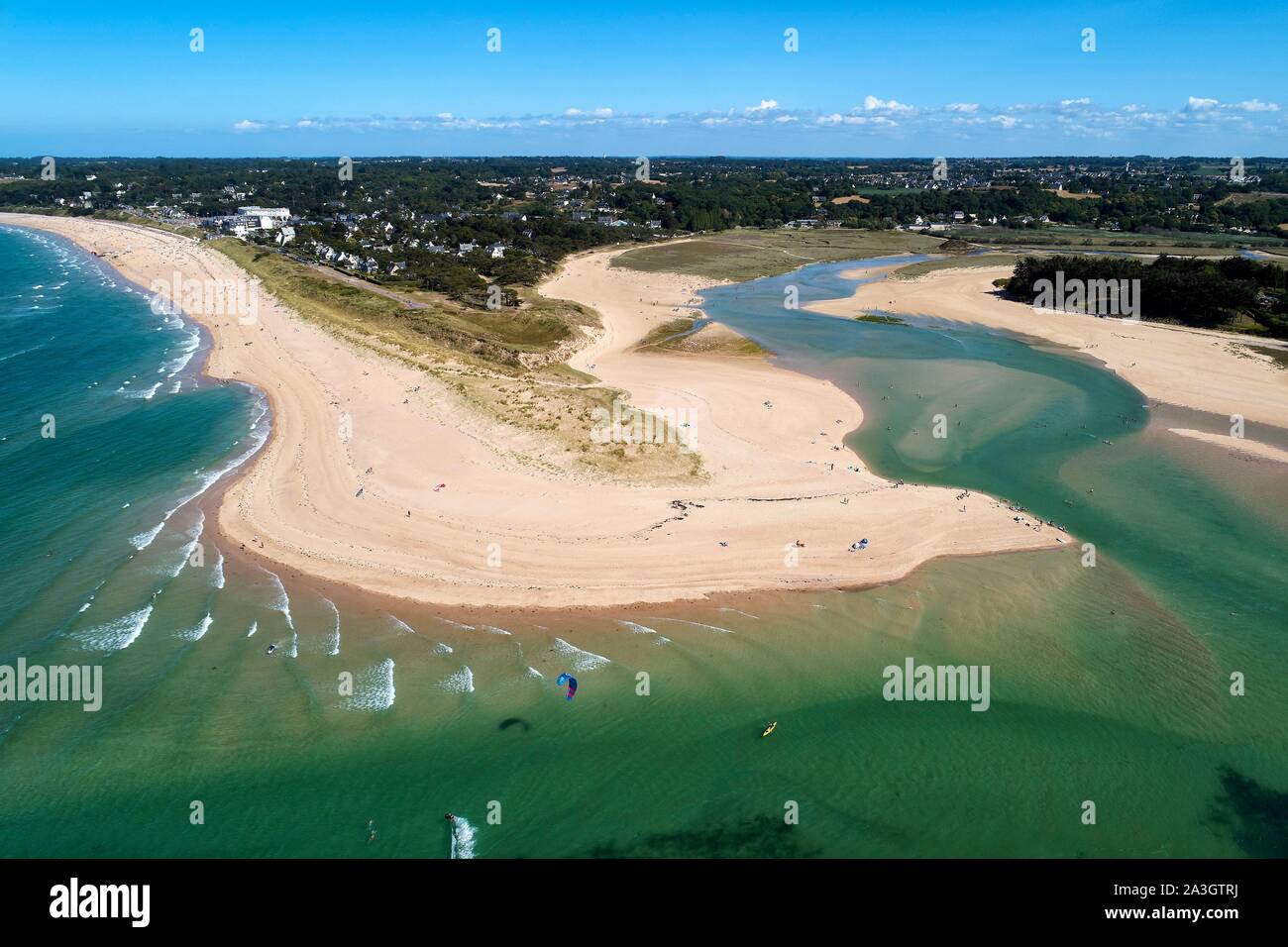 France, Cotes d'Armor, Cote de Penthi?vre, Plurien, Sables d'Or les Pins Beach (aerial view) Stock Photo