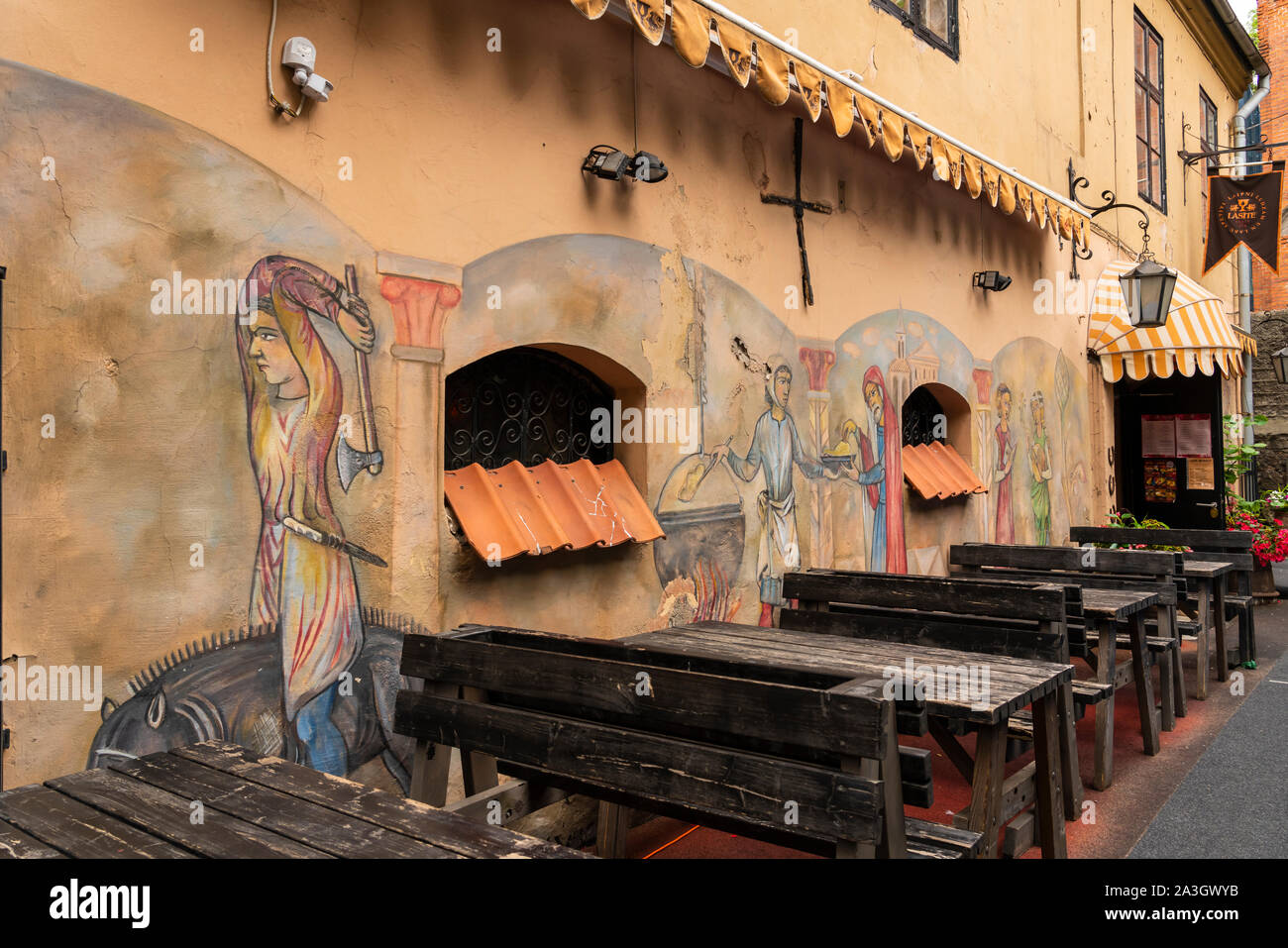 The outdoor courtyard of the Lasite Restaurant in Riga, Latvia. Stock Photo