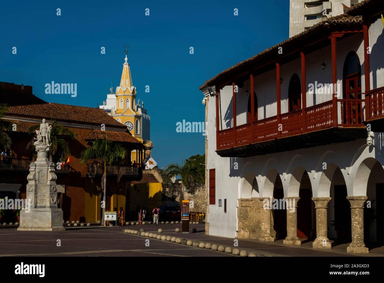 Colombia, Bolivar Department, Cartagena of the Indies, colonial center registered World Heritage bu UNESCO, Plaza de la Aduana and clock Tower in the back, Christopher Colombus statue Stock Photo