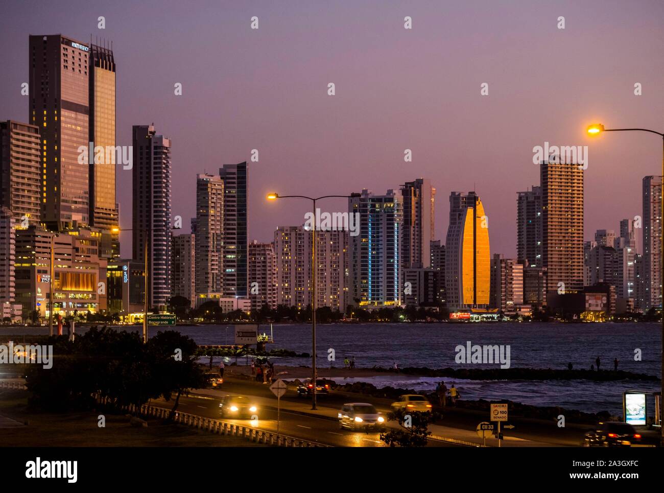 Colombia, Bolivar Department, Cartagena of the Indies, colonial center registered World Heritage bu UNESCO, sea front and buildings of Boca Grande Stock Photo