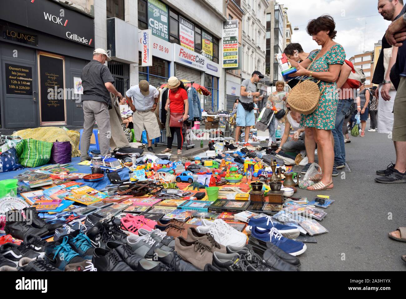 France, Nord, Lille, Molinel Street, jumble sale 2019, shoes and books Stock Photo