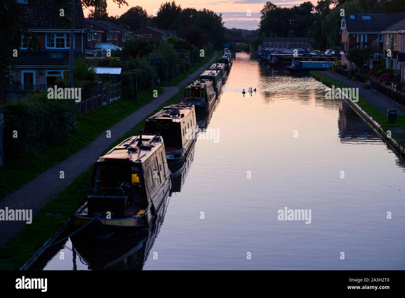 Narrowboats moored at Market Drayton on a summer evening at dusk Stock Photo