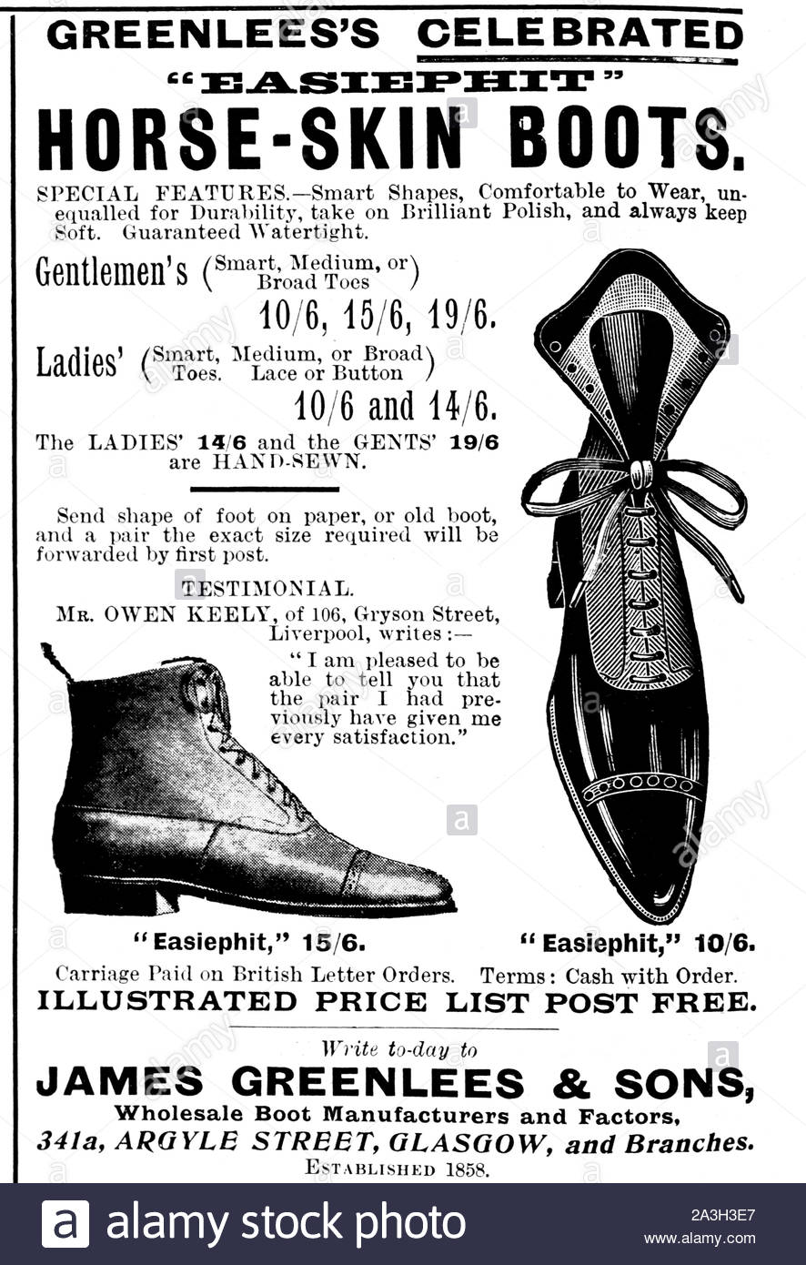Victorian era, Easiephit Horse-Skin Boots, vintage advertising from 1899 Stock Photo