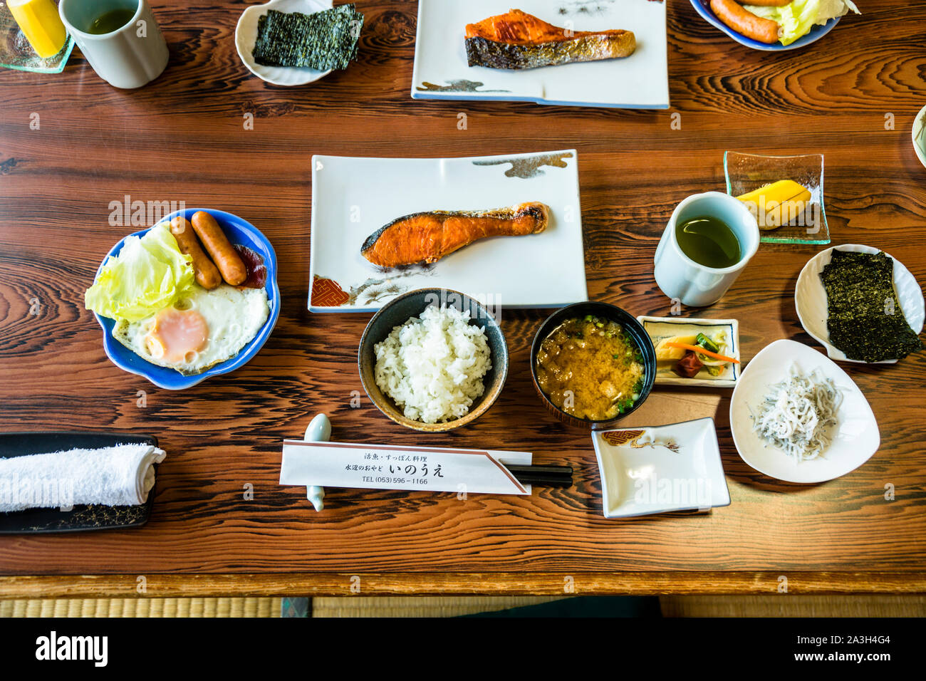 Typical Japanese breakfast with fish, seaweed and miso soup in Hamamatsu, Japan Stock Photo