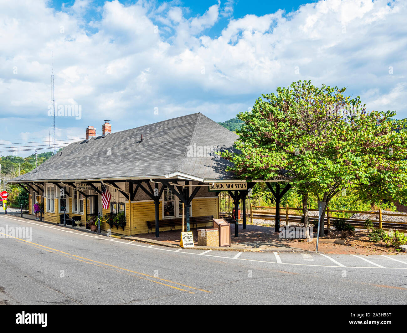 Railroad station in town of Black Mountain in the Blue Ridge Mountains of North Carolina in the United States Stock Photo