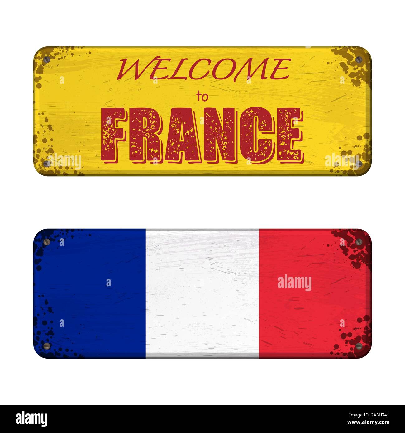 Two grunge old frames with France flag and welcome text Stock Vector