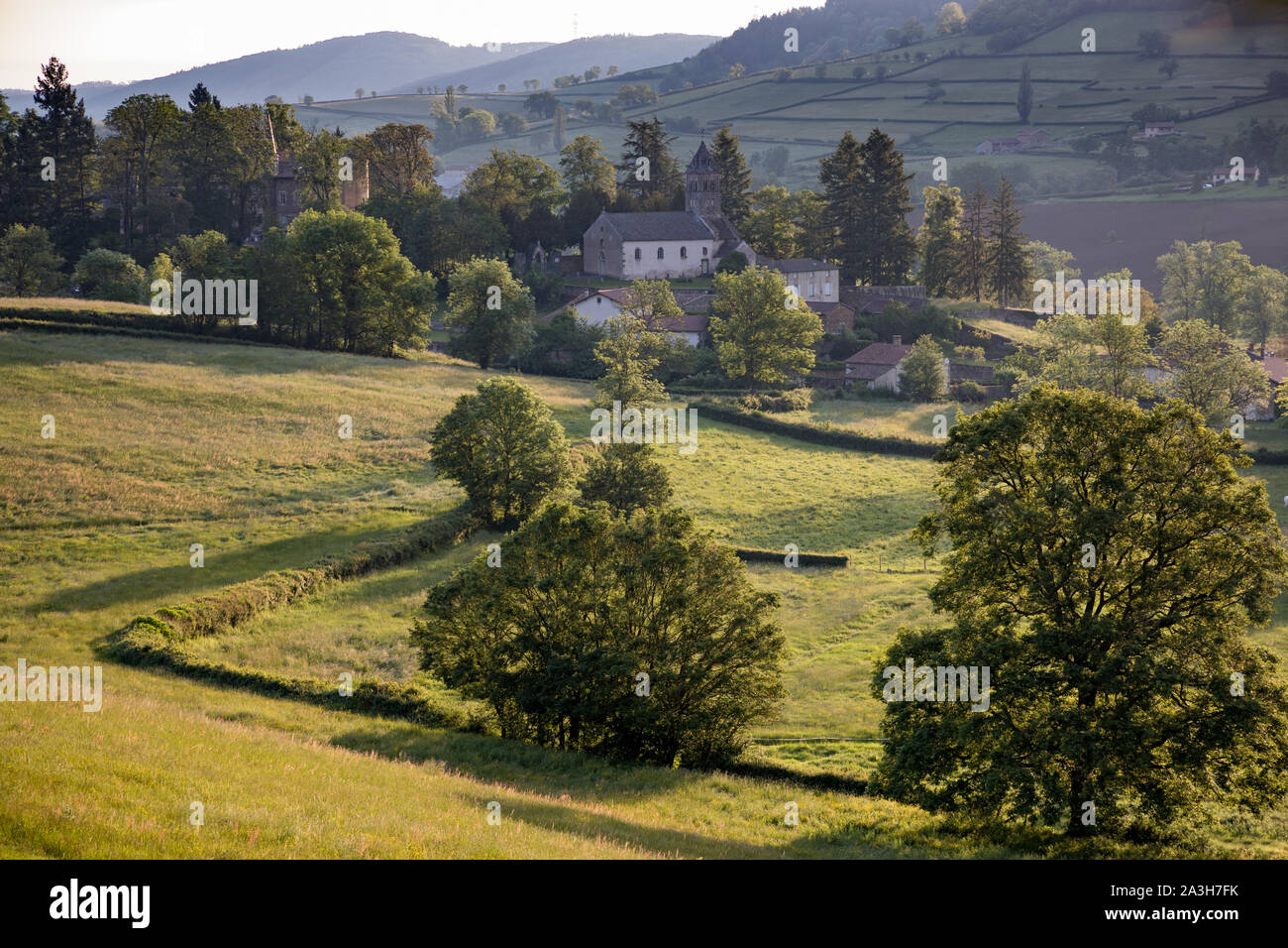 First light on the countryside around Chateau de Lamartine, Saint Point, Bourgogne, France Stock Photo