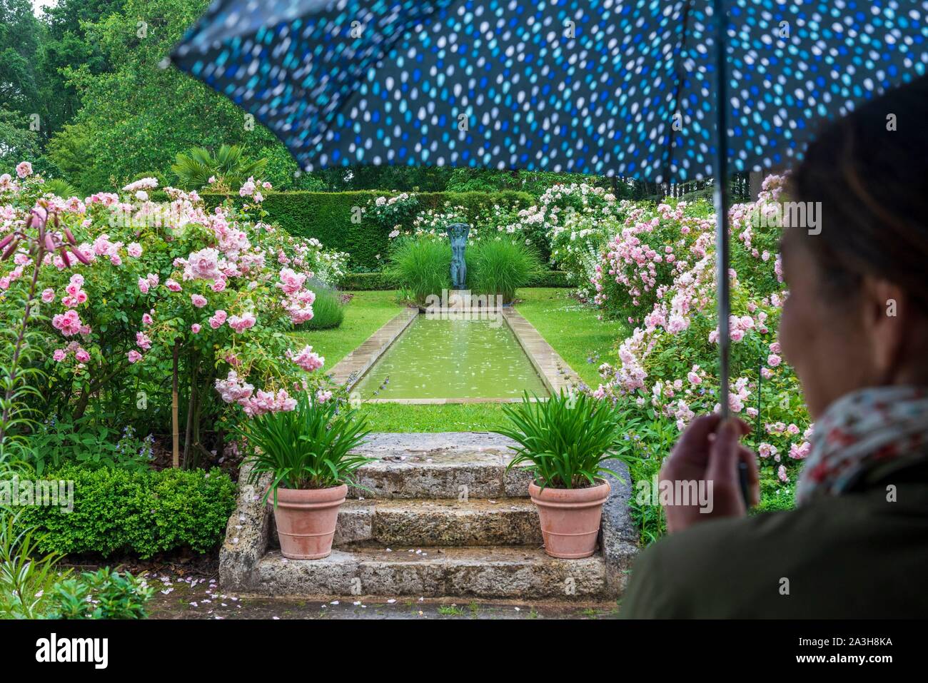 France, Loiret, Montbarrois, Parc du manoir de la Javeliere, (Javeliere Manor House Park), garden and pond Stock Photo