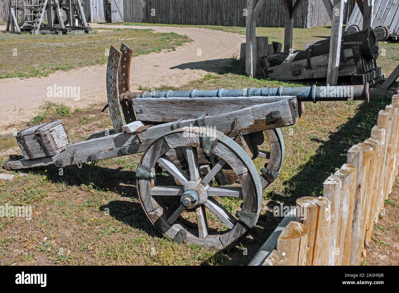 Replica of 15th century falconet, small medieval cannon at the Château de Tiffauges, mediaeval castle in the Vendée, France Stock Photo