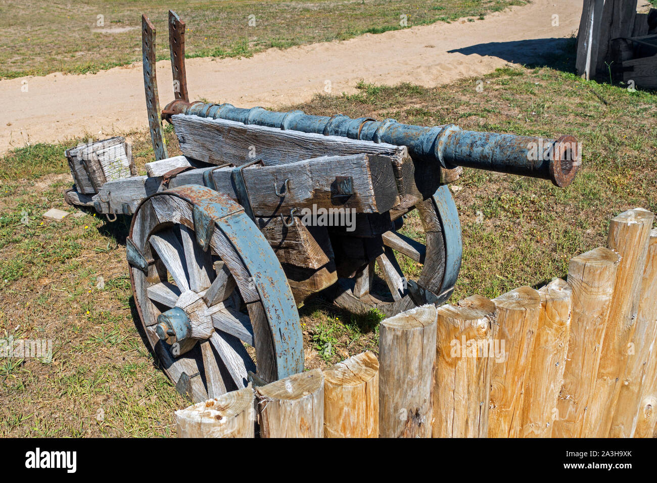 Replica of 15th century falconet, small medieval cannon at the Château de Tiffauges, mediaeval castle in the Vendée, France Stock Photo
