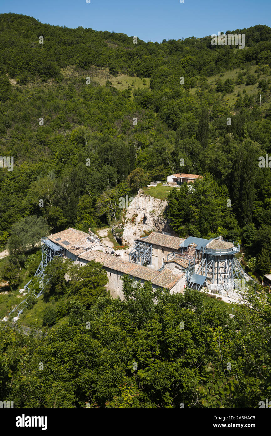 St Eutizio Abbey lying in ruins after the 2016 earthquake, Umbria, Italy Stock Photo