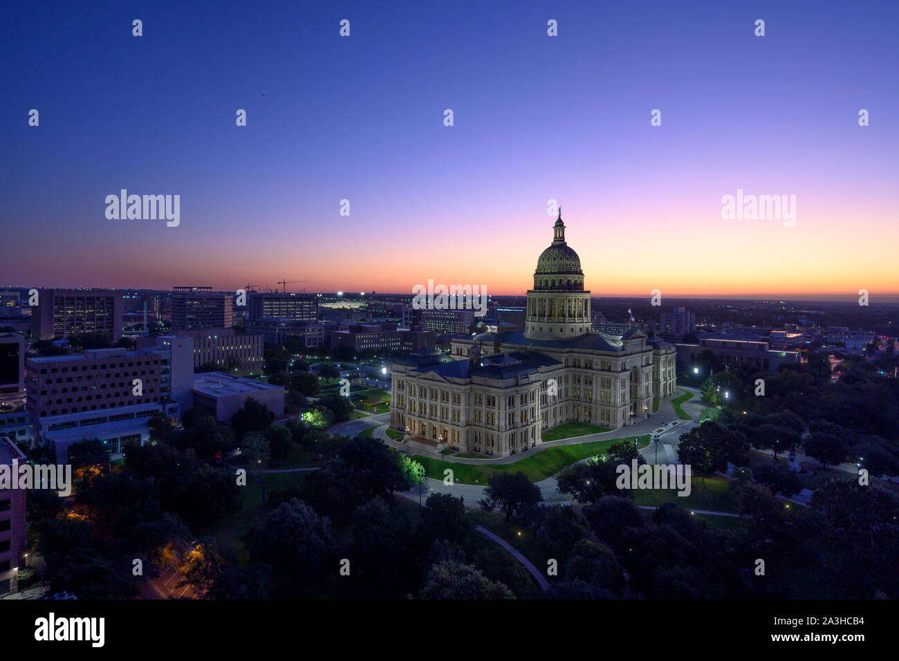 Texas Capitol building in Austin at sunrise, looking northeast, in