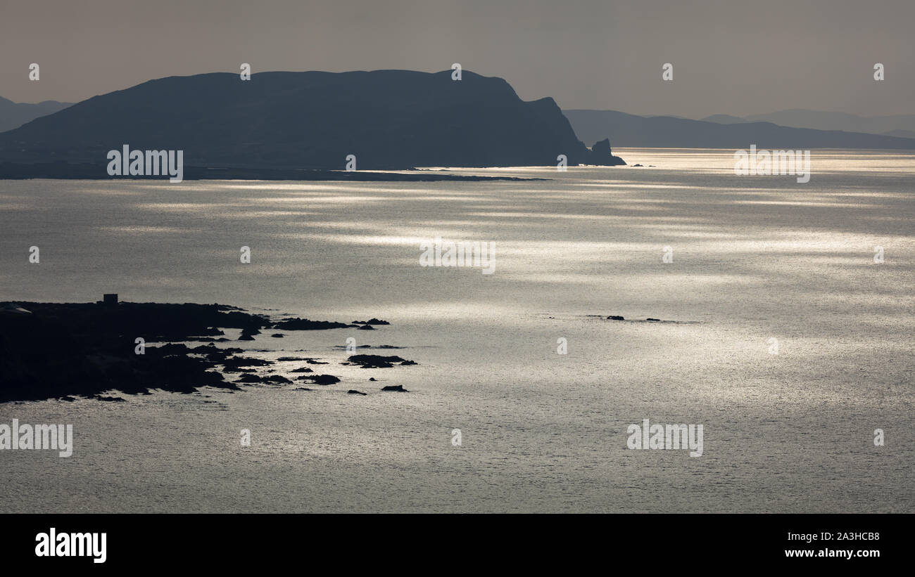 Dappled light on Trawbreaga Bay and Dunaff Head from Soldiers Hill, Inishowen Peninsula, Co Donegal, Ireland Stock Photo