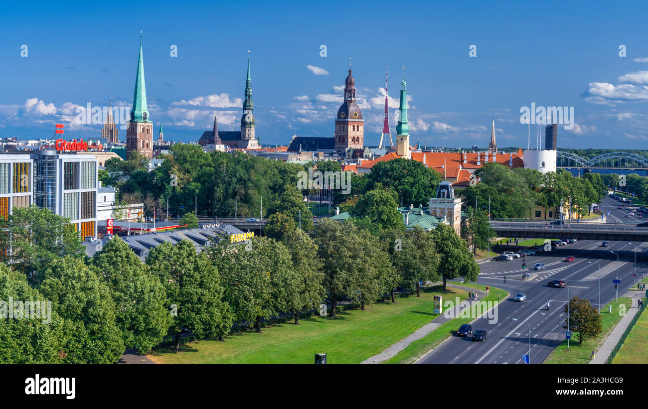 The steeples and spires of the city skyline of Riga, Latvia. Stock Photo