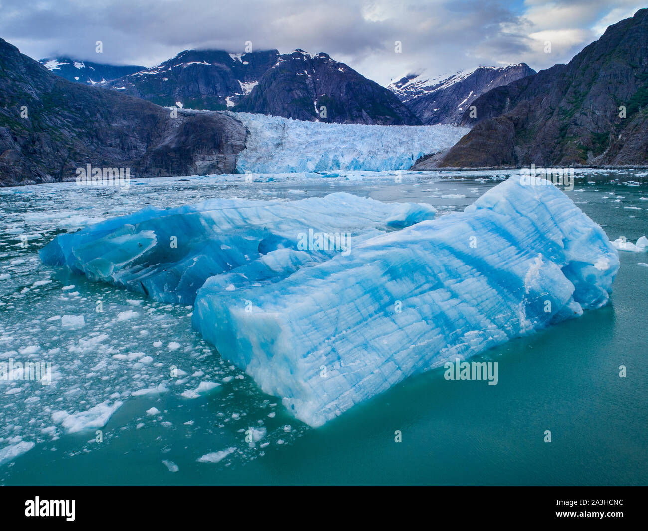 USA, Alaska, Aerial view of shattered icebergs floating near calving face of LeConte Glacier east of Petersburg Stock Photo
