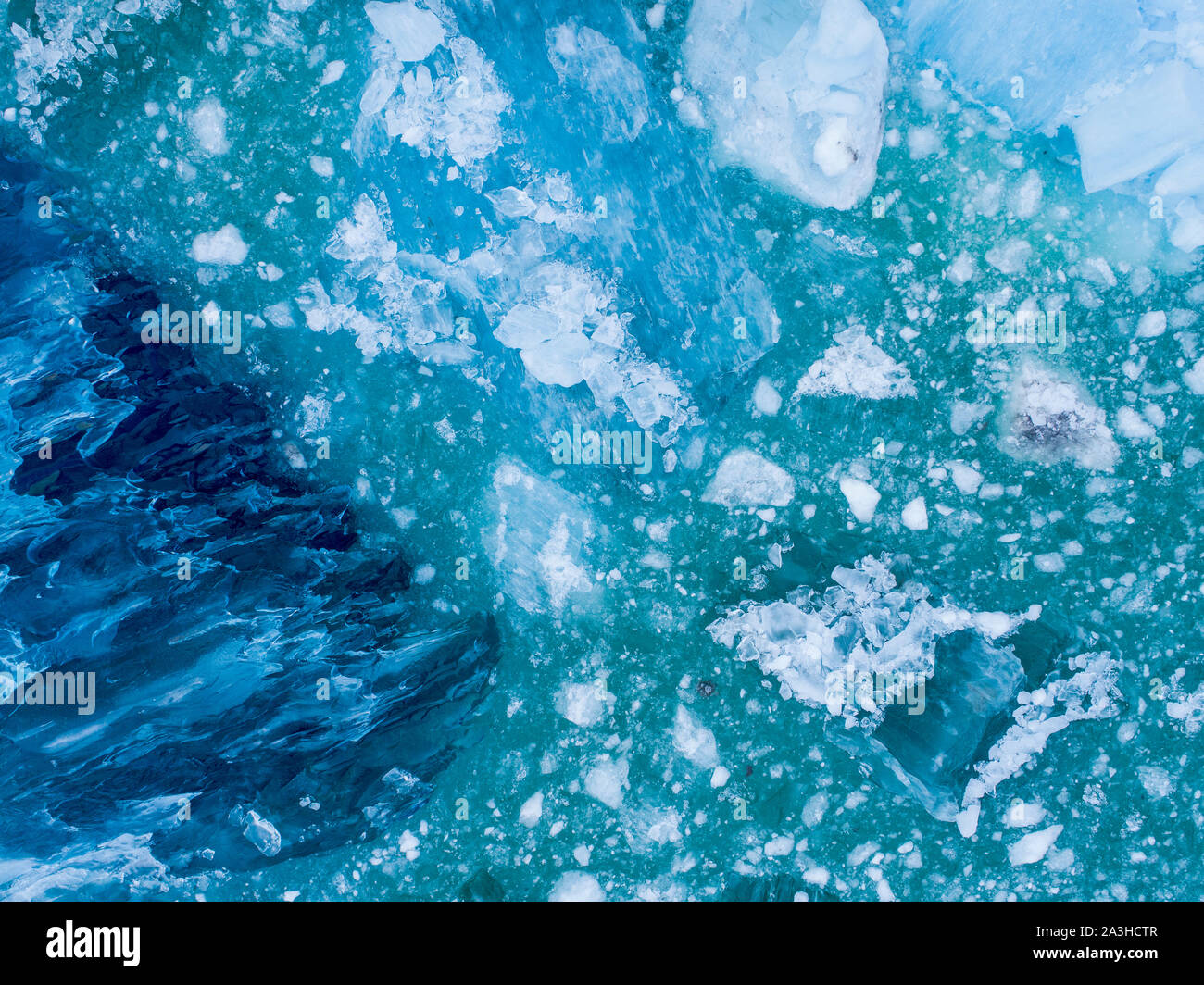 USA, Alaska, Aerial view of shattered icebergs floating near calving face of LeConte Glacier east of Petersburg Stock Photo