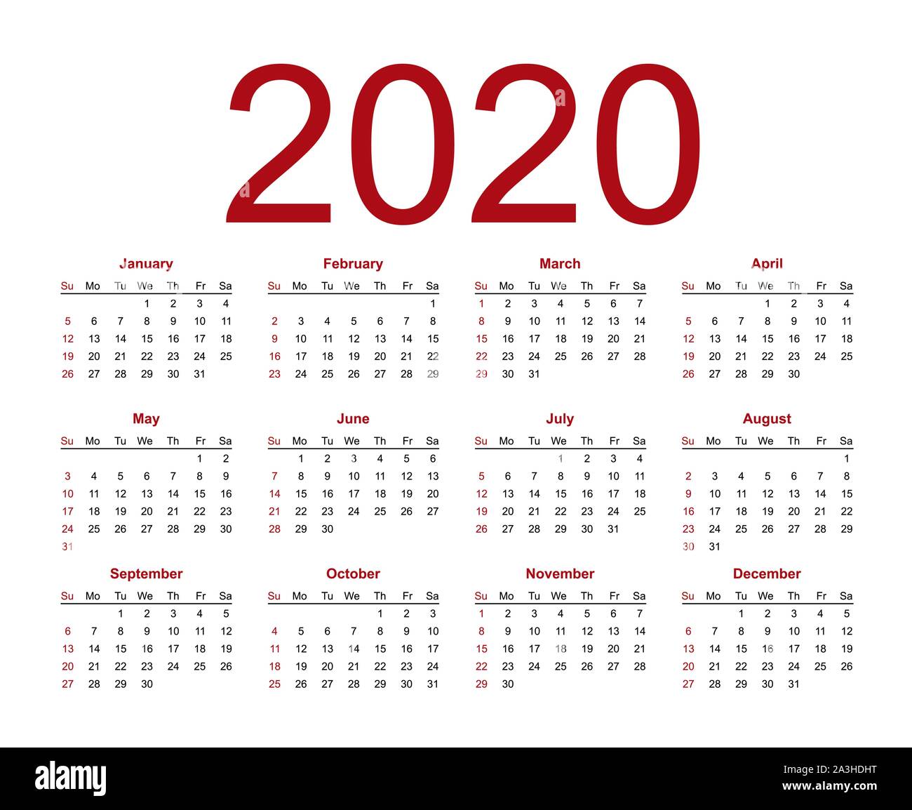 Calendar template for 2020 year. Week starts from Sunday. Isolated ...