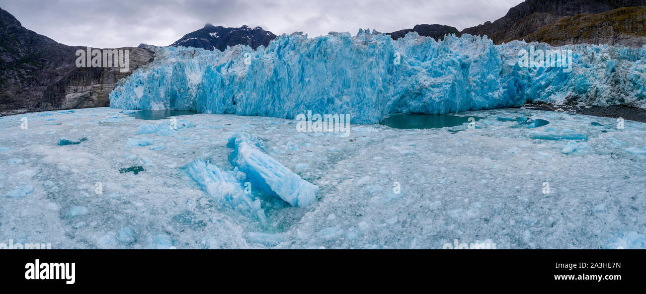 USA, Alaska, Aerial panoramic view of shattered icebergs floating near calving face of LeConte Glacier east of Petersburg Stock Photo