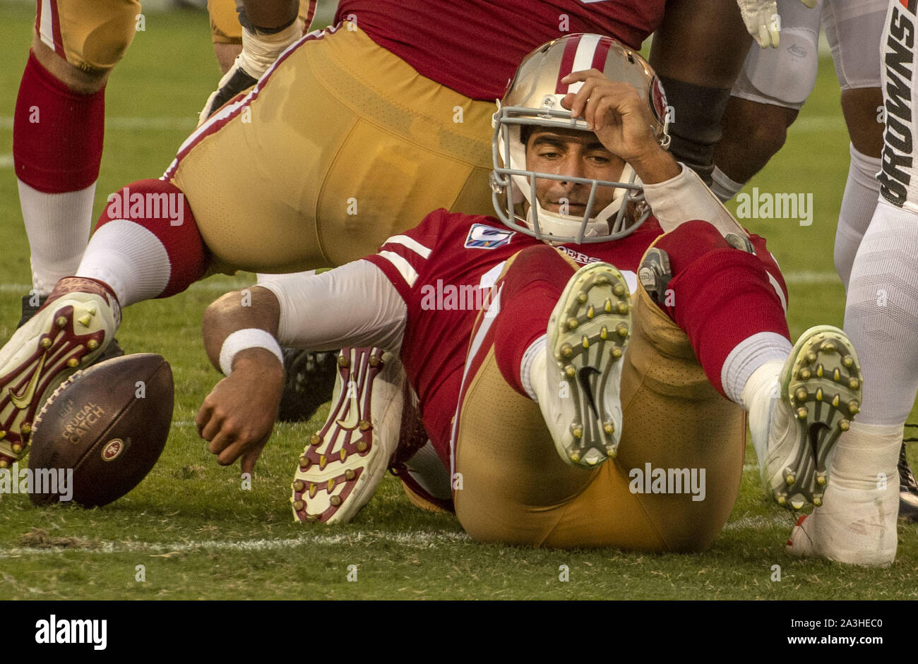 San Francisco 49ers #10 quarterback Jimmy Garoppolo warms up the field  before Super Bowl LIV between the San Francisco 49ers and the Kansas City  Chiefs held at Hard Rock Stadium in Miami