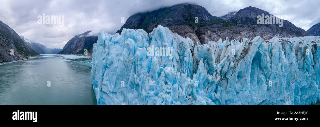 USA, Alaska, Aerial panoramic view of blue ice face of LeConte Glacier east of Petersburg Stock Photo