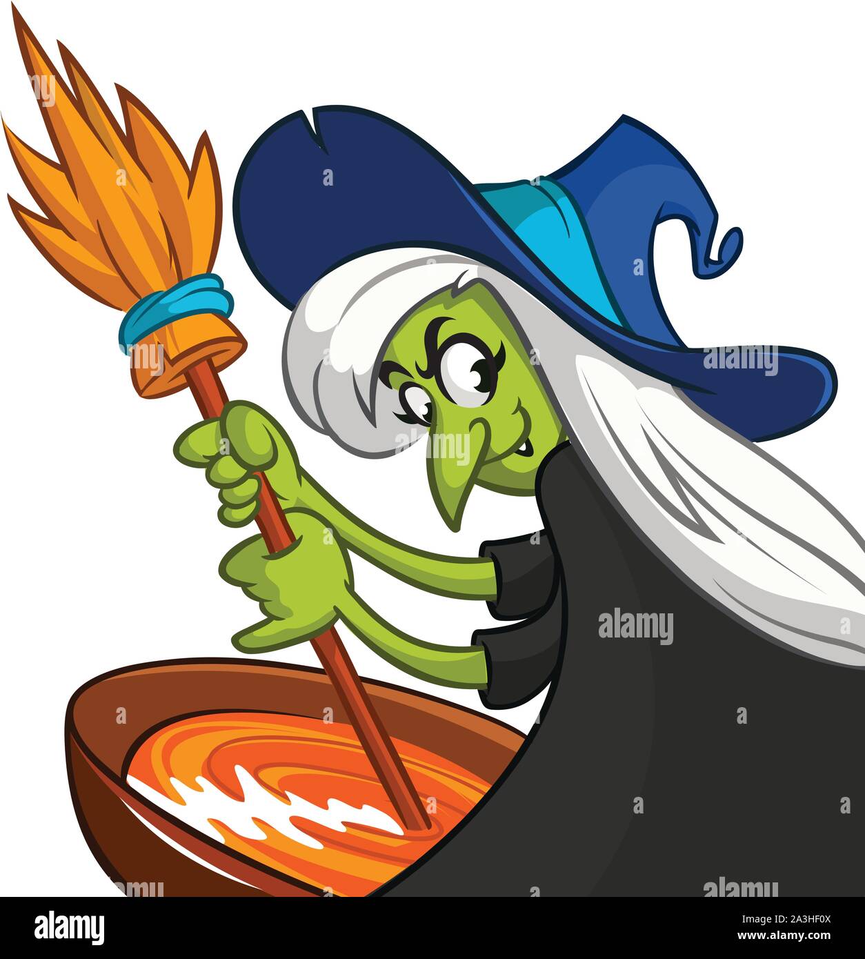 Ugly Halloween Witch Preparing A Potion. Vector illustration of a cartoon witch stirring her spooky brew isolated Stock Vector