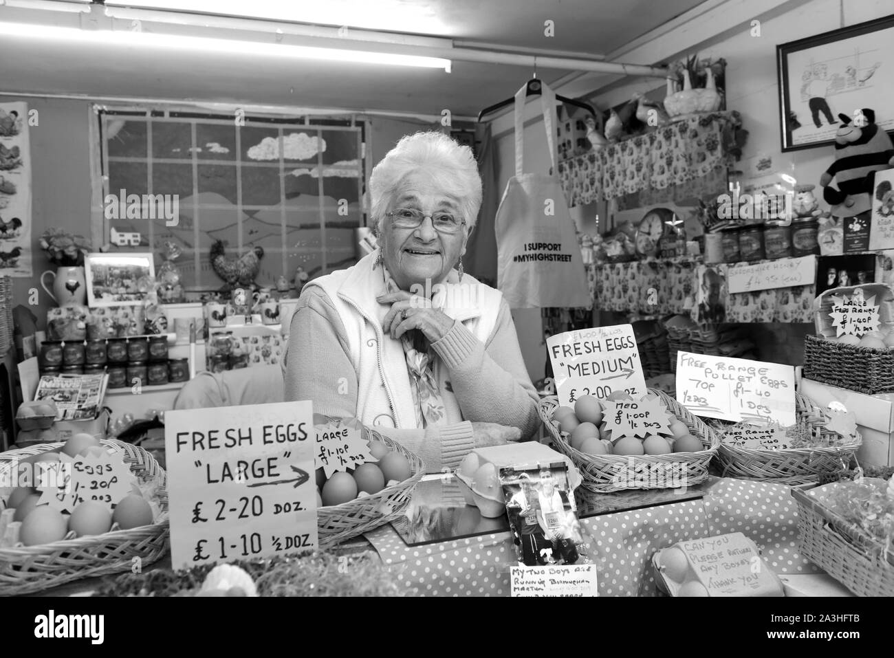 No early retiement for this lady... Wellington Market 2019 Margaret Robinson the egg lady aged 84 has been working on market stalls since she was 13. Stock Photo