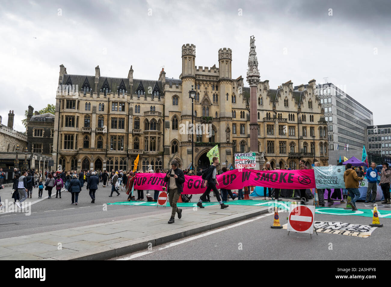 Extinction Rebellion protesters with their banners in Westminster, London Stock Photo