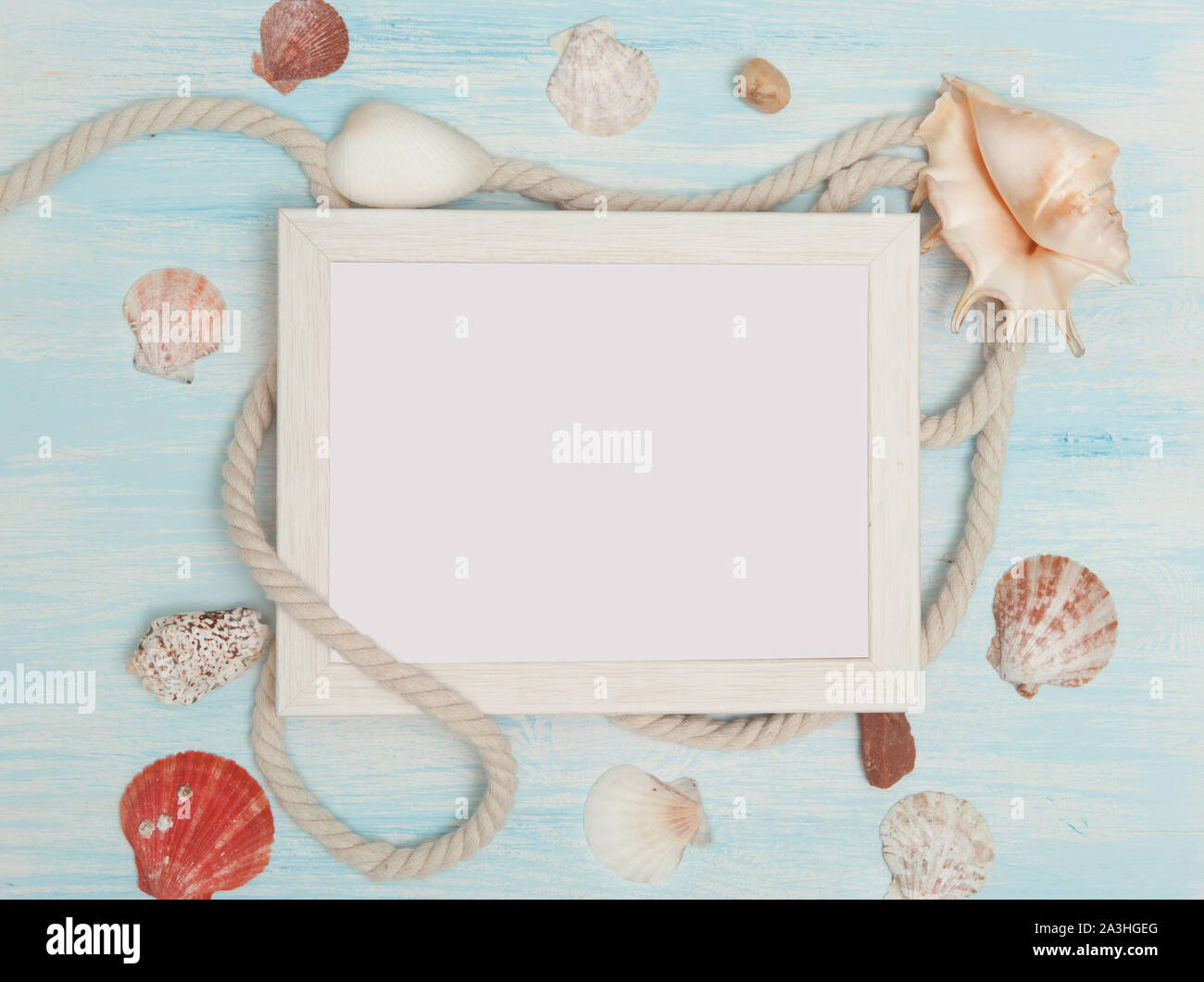 Sea Background With Blue Wood, Rope, Starfish Shells Stock Photo - Alamy