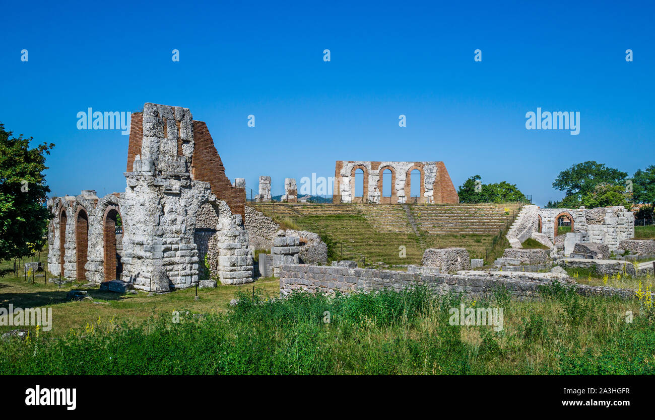 view of the remains of the 1st century BC Gubbio Roman Theatre, Gubbio, Umbria, Italy Stock Photo
