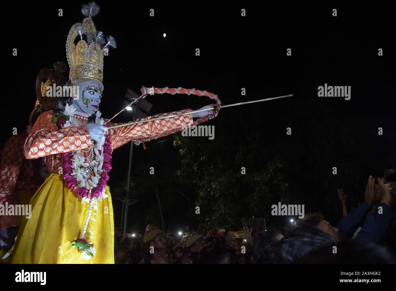 October 8, 2019: Devotees watch as an artist dressed as Lord Rama ...