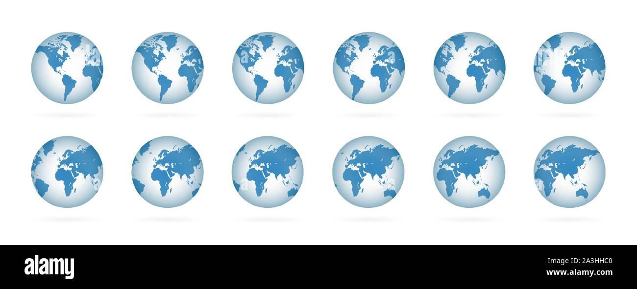 Realistic world globe maps set. 3D blue planets illustration Stock Vector