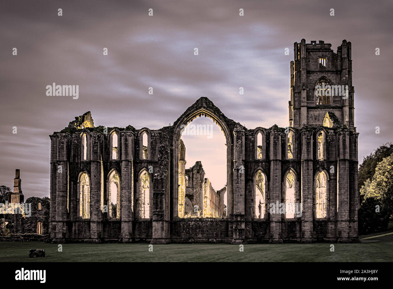 Fountains Abbey Night Shot, with the Abbey lighted Stock Photo Alamy