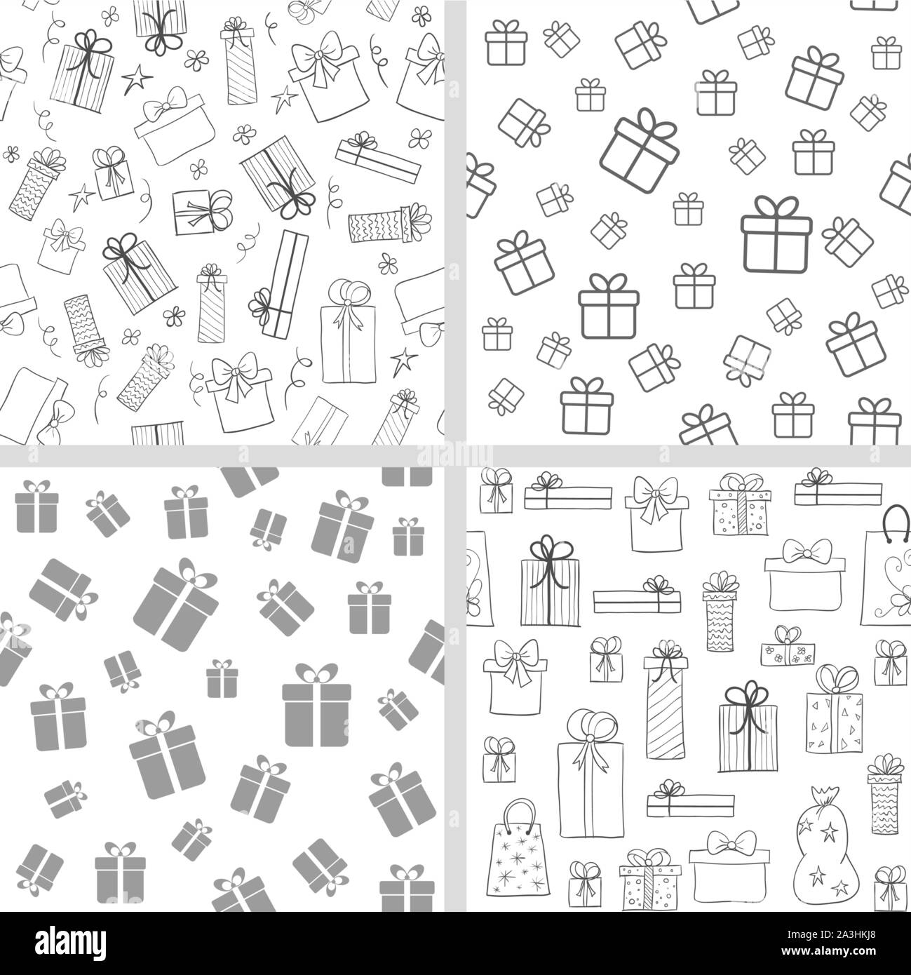 Vector set of seamless patterns with gift boxes. Hand drawn, lineart present boxes. Backgrounds for Christmas, birthday Stock Vector
