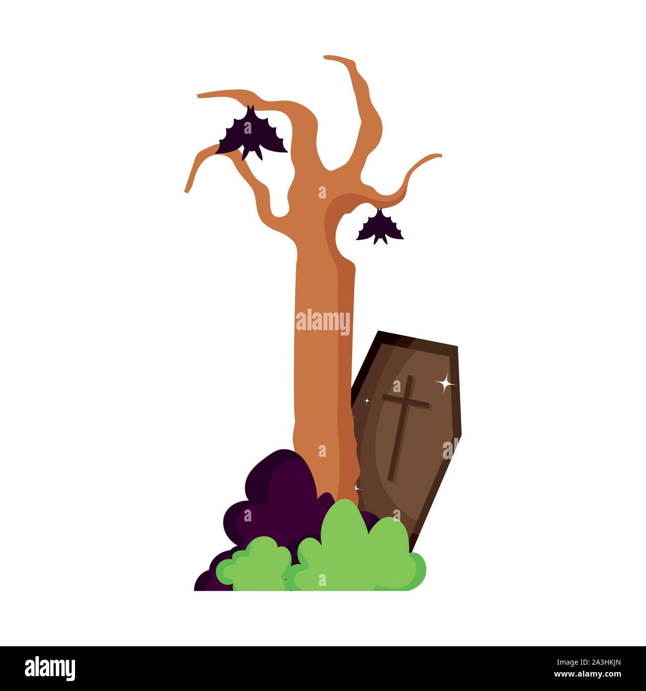 hanging bats coffin tree trick or treat happy halloween vector ...