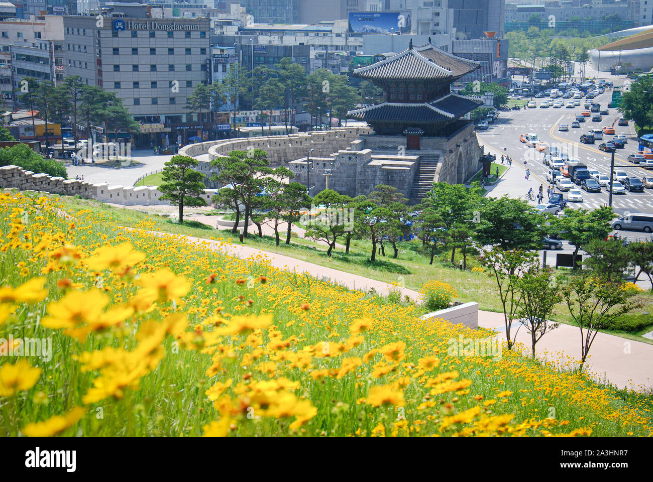 City Gate in central Seoul with modern buildings Stock Photo