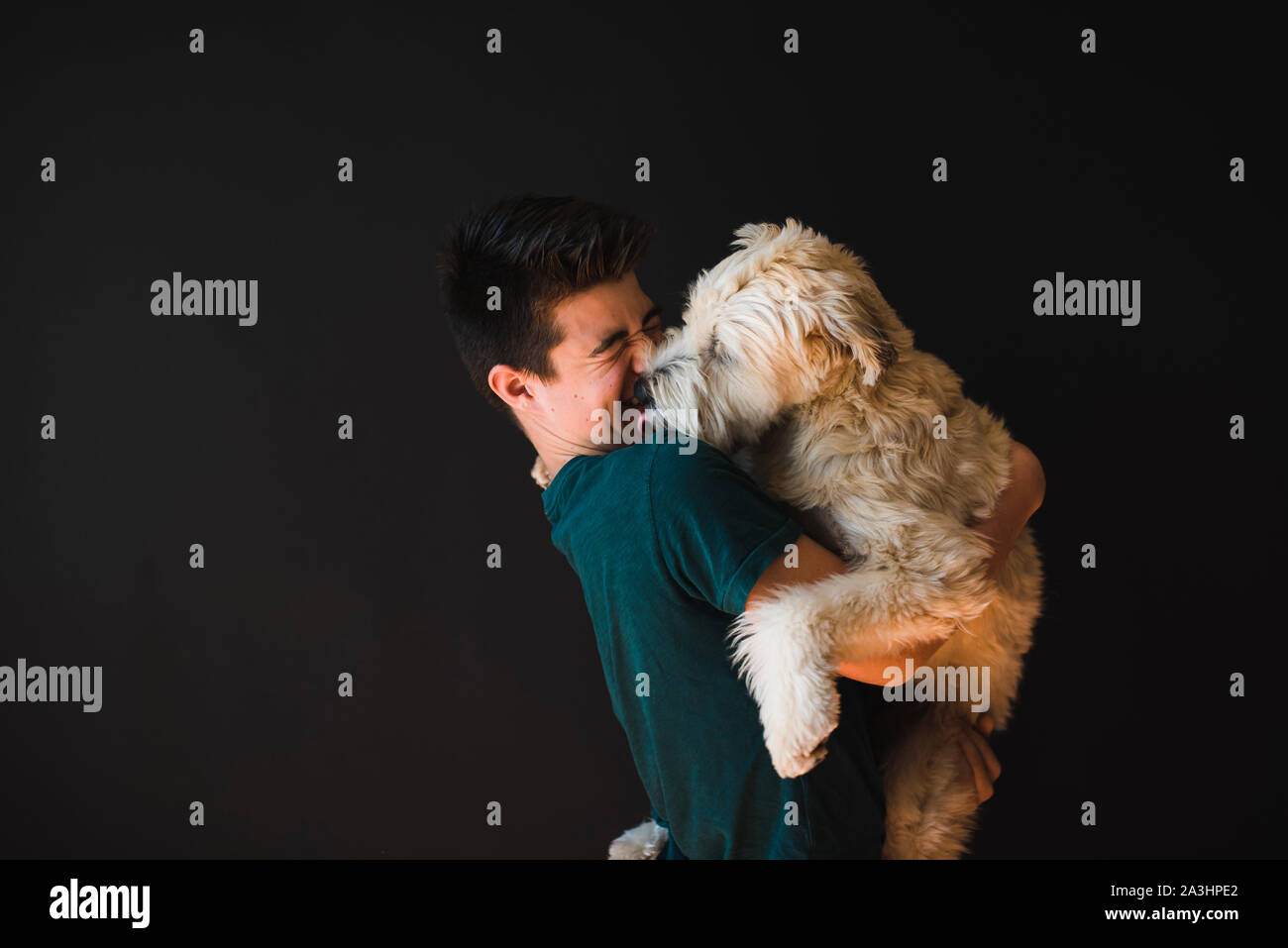Teenage boy holding a fluffy dog that his licking him on the face. Stock Photo
