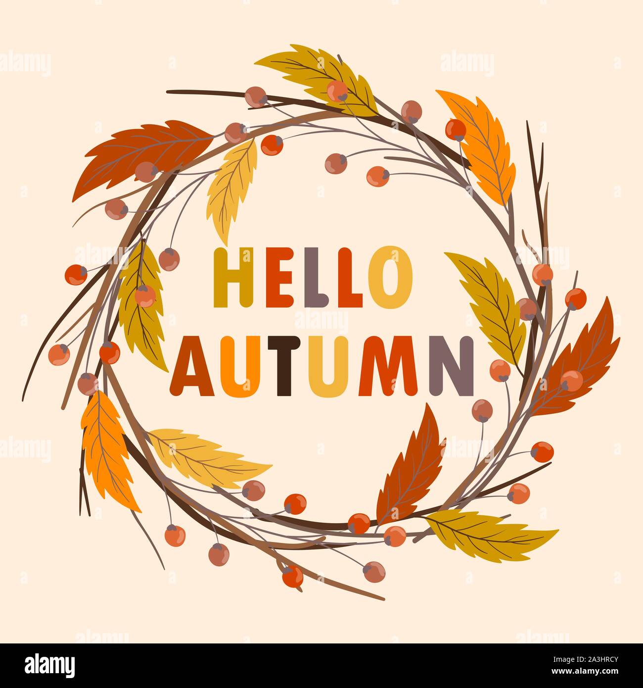 Hand drawn circle frame of autumn branches. Vector Stock Vector
