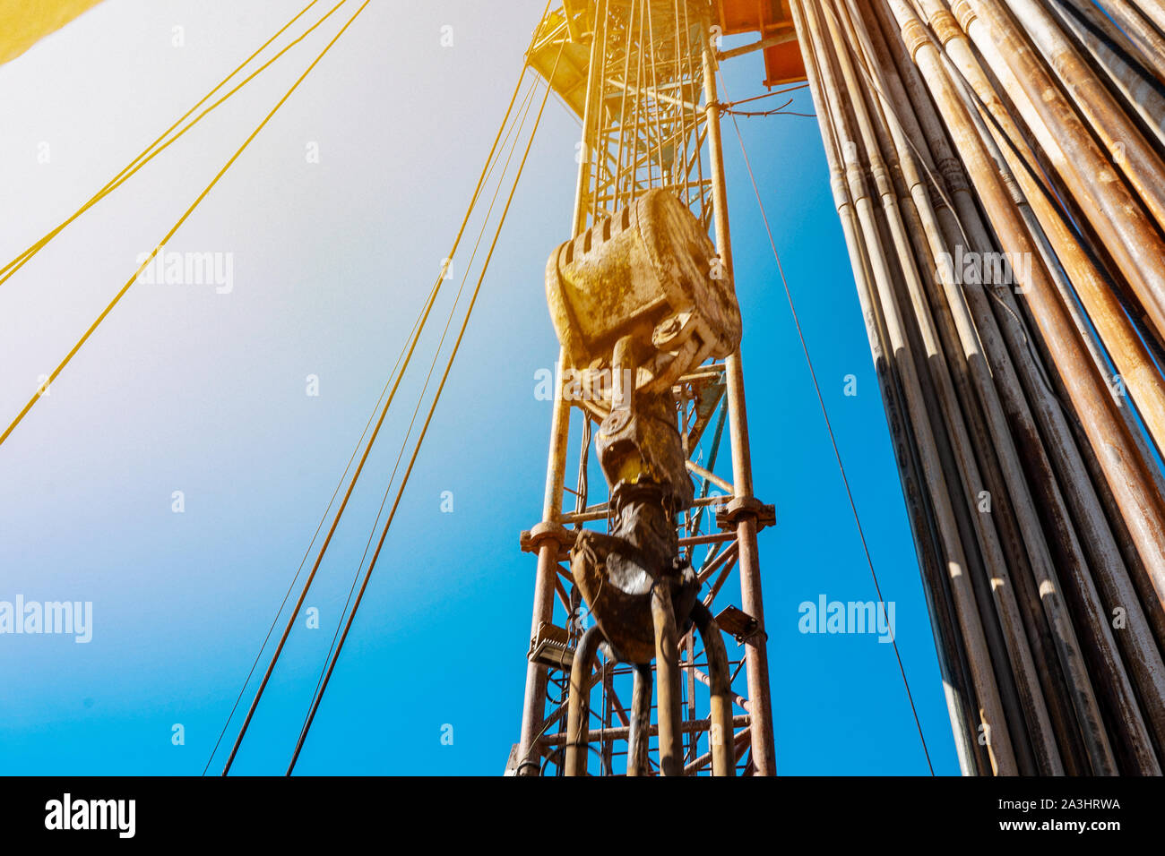 Drilling rig in oil field for drilled into subsurface in order to produced crude, inside view. Petroleum Industry. Stock Photo